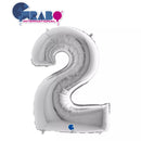 Silver Grabo foil balloon shaped as the number 2, 40 inches tall, ideal for celebrations and party decorations.