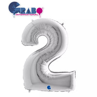 Silver Grabo foil balloon shaped as the number 2, 40 inches tall, ideal for celebrations and party decorations.