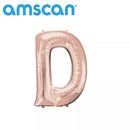 Anagram rose gold foil letter D balloon, 16-inch size, decorative foil balloon for celebrations and parties.