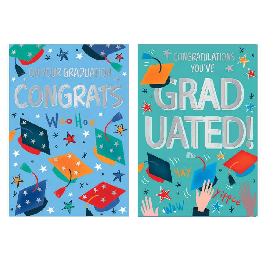 Poppyhill 12-pack graduation cards with open designs, featuring elegant patterns and space for personalized messages.