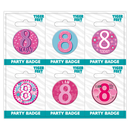 Six small Tiger Feet birthday badges featuring the age 8, perfect for party decorations and celebrations.