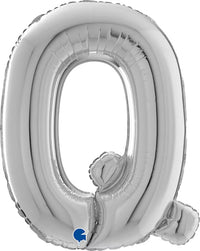 Silver foil balloon in the shape of the letter Q, 26 inches tall, by Grabo, displayed inflated and ready for celebration.