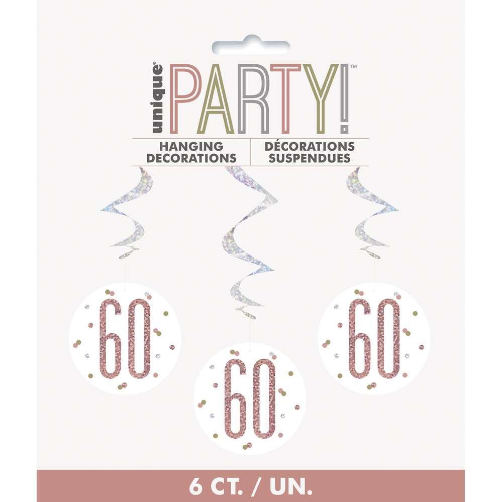 Unique Age 60 Rose Gold 32" Hanging Swirl 6pk