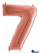 Grabo rose gold foil number 7 balloon, 26 inches tall, with shiny metallic finish and balloon knot at the bottom.