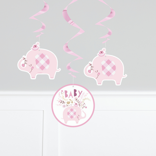 Unique Pink Baby Elephant 26" Hanging Swirls 3pk