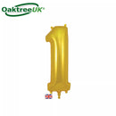 Gold Oaktree foil balloon in the shape of the number 1, 34 inches tall, featuring shiny metallic surface for celebration decorations.