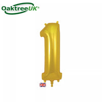 Gold Oaktree foil balloon in the shape of the number 1, 34 inches tall, featuring shiny metallic surface for celebration decorations.