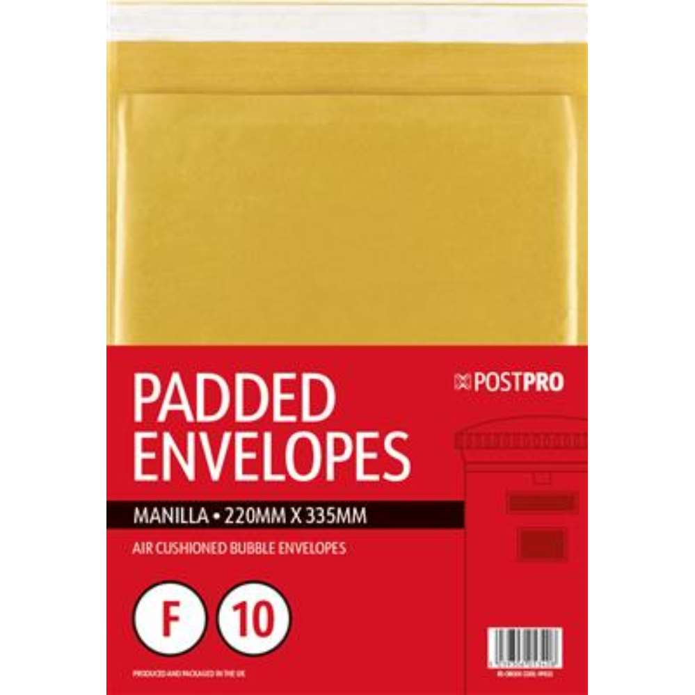 10pk Padded Envelopes Size F 220x340mm Manilla