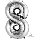 Silver Anagram foil balloon in the shape of the number 8, measuring 34 inches tall, perfect for celebrations.