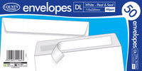 County Stationery Peel & Seal DL envelopes 110x220mm, 50-pack, with peel-and-seal adhesive for secure mailing.