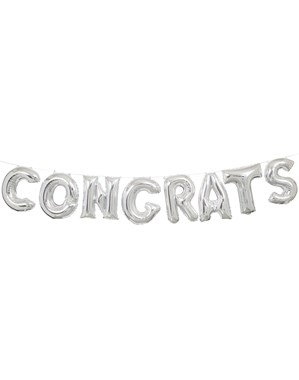 Silver foil balloon banner spelling "Congrats" with 14-inch letter balloons, from Unique, perfect for celebrations.