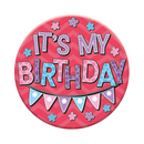 Six small birthday badges featuring open designs by Tiger Feet, perfect for celebration accessories.