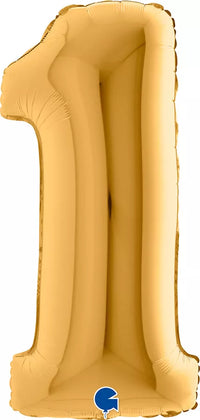 Gold Grabo foil balloon shaped as the number 1, 40 inches tall, shiny and festive for celebrations.