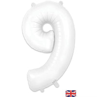 Oaktree white foil balloon in the shape of the number 9, 34 inches tall, shiny and reflective surface.
