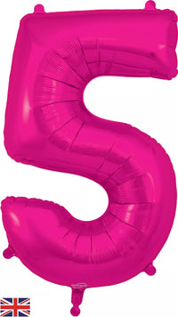 Pink Oaktree foil balloon shaped as the number 5, 34 inches tall, perfect for celebrations and party decorations.