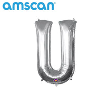 Silver 16-inch Anagram foil balloon shaped as the letter U, perfect for celebrations and party decorations.