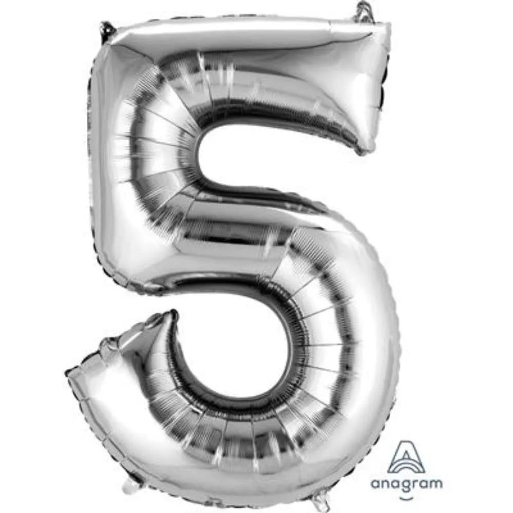 Silver 34-inch Anagram foil balloon shaped as the number 5, shiny metallic finish, perfect for celebration decorations.