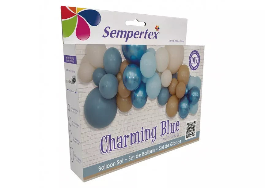 Sempertex Charming Blue Latex Garland Kit, 3 meters, flexible decorative latex garland with blue balloons and embellishments.