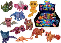 Set of 12 Kandy Toys Mini Fidgelets toys, colorful small plastic figures, displayed in a clear container on a white background.
