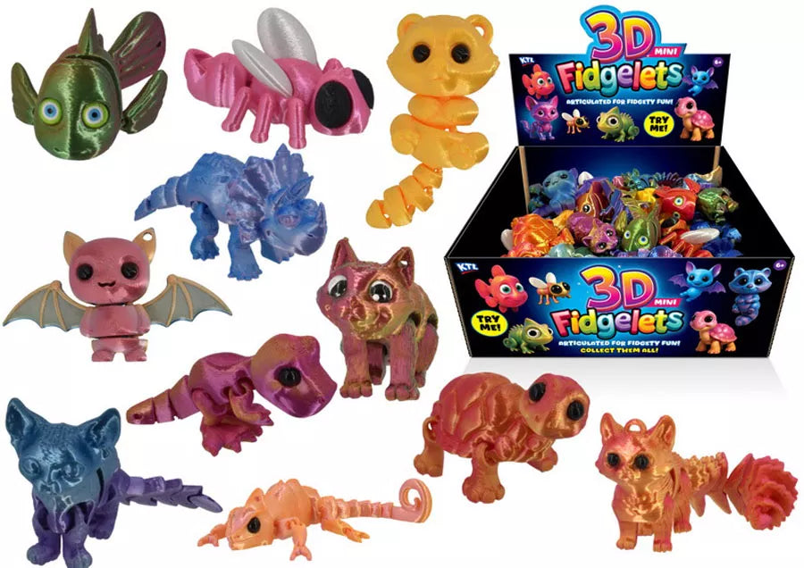 Set of 12 Kandy Toys Mini Fidgelets toys, colorful small plastic figures, displayed in a clear container on a white background.