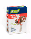 Ultratape tape roll dispenser with a clear plastic body and metal cutting blade, designed for easy tape application and storage.