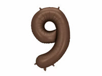PartyDeco foil balloon in satin mocha, number 9, 34-inch size, with shiny metallic finish for celebrations and parties.