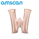 Rose gold 16-inch Anagram foil balloon in the shape of the letter W, shiny and reflective for celebrations and decorations.