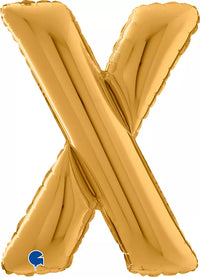 Gold Grabo foil balloon in 26-inch letter X shape, shiny metallic surface, floating against a neutral background.