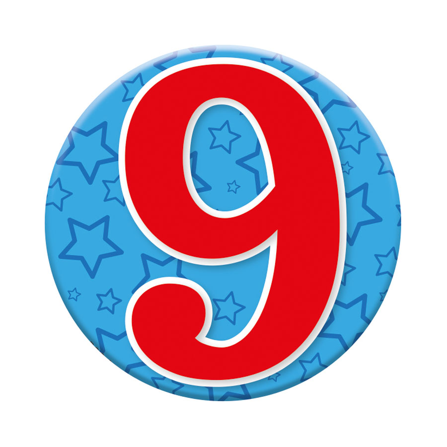 Six small birthday badges featuring the number 9 from Tiger Feet, perfect for celebrating a ninth birthday.