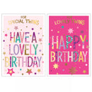 Poppyhill 12-pack of birthday cards featuring twin-themed designs, colorful illustrations, and cheerful messages for special occasions.