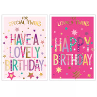 Poppyhill 12-pack of birthday cards featuring twin-themed designs, colorful illustrations, and cheerful messages for special occasions.