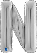 Silver 26-inch Grabo foil balloon in the shape of the letter N, shiny metallic finish, floating against a plain background.