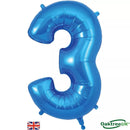 Blue Oaktree foil balloon in the shape of the number 3, 34 inches tall, shiny metallic finish, perfect for celebrations
