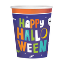 A set of 8 Amscan Halloween-themed paper cups with "Friends" design, each holding 250ml of beverage.