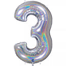 Silver foil balloon in number 3 shape with holographic holo glitter design from Grabo, measuring 40 inches tall.
