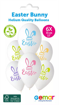 Six Gemar Easter Bunny 13-inch printed latex balloons with colorful bunny designs on a white background.