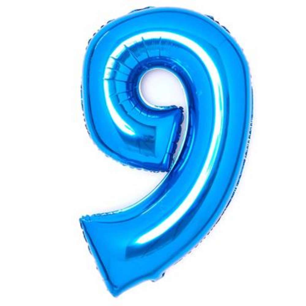 Blue 34-inch Anagram foil balloon shaped as the number 9, with shiny metallic finish for celebration decorations.