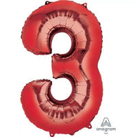 Red 34-inch Anagram foil balloon shaped as the number 3, with shiny metallic surface and bold design.