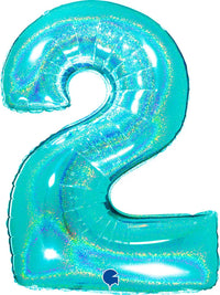 Grabo foil balloon in Tiffany holo glitter with number 2, 40 inches tall, featuring shiny holographic foil finish.