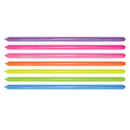 Assorted neon Sempertex latex modelling balloons in a 100-pack, bright colors and flexible for creative balloon art.