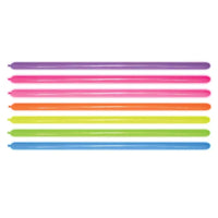 Assorted neon Sempertex latex modelling balloons in a 100-pack, bright colors and flexible for creative balloon art.