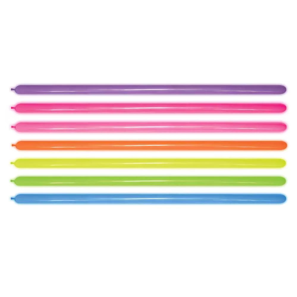 Assorted neon Sempertex latex modelling balloons in a 100-pack, bright colors and flexible for creative balloon art.