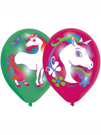 Six Amscan unicorn-themed 11-inch latex balloons with printed colorful unicorn designs for party decoration.
