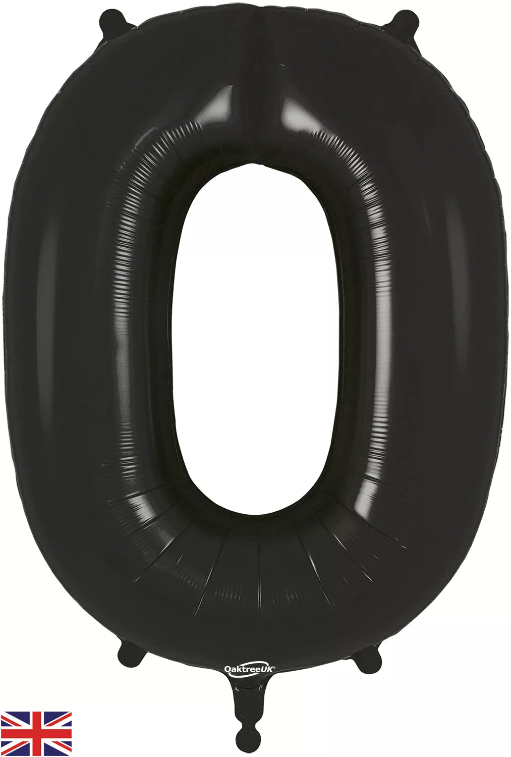 Oaktree black foil balloon shaped as the number zero, 34 inches tall, with shiny reflective surface and bold design.