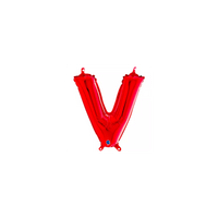 Red Grabo foil balloon in 14-inch letter V, shiny metallic finish, floating against a plain background.