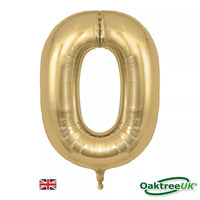 Oaktree gold foil number 0 balloon, 34-inch silk foil balloon for celebrations, showing shiny gold surface and number shape