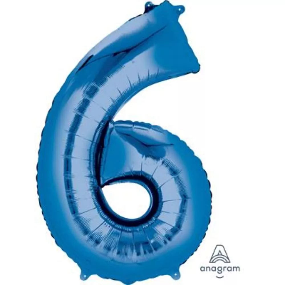 Blue 34-inch Anagram foil balloon shaped as the number 6, showcasing shiny metallic surface and vibrant color.