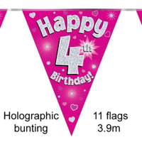 Bunting 11 Flags Pink Holographic Birthday Age 4