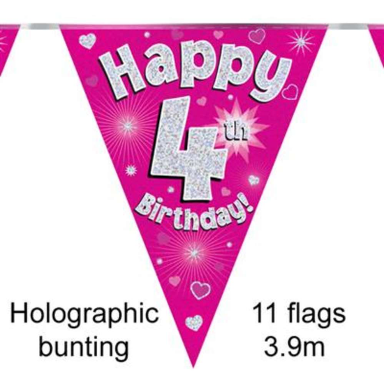 Bunting 11 Flags Pink Holographic Birthday Age 4