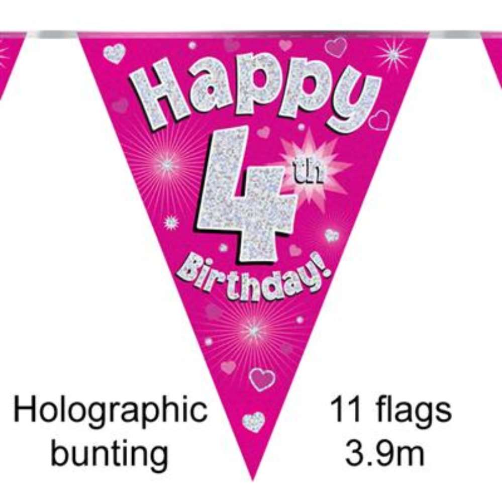 Bunting 11 Flags Pink Holographic Birthday Age 4
